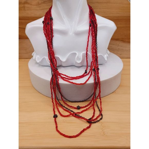 Vintage Multi Strand Layered Red Seed Beads and Bronze Color Flower Necklace - Picture 1 of 9